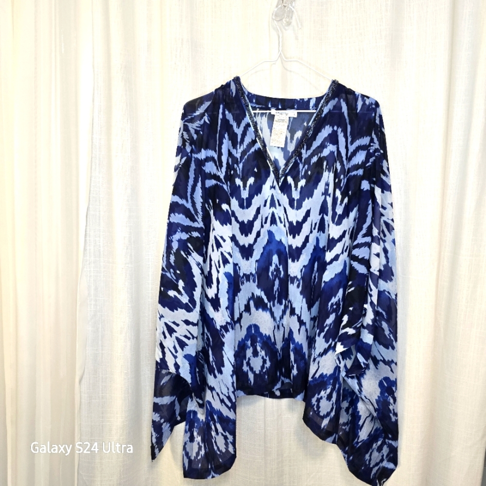 Chico's Blue and White Abstract Sheer Poncho-Style Top L/XL Coverup Resort Tunic
